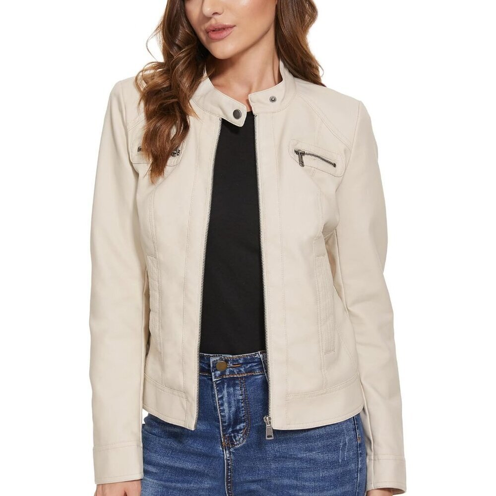 Women's White Motorcycle Faux PU Moto Biker Outwear Coat Zip Leather Jackets